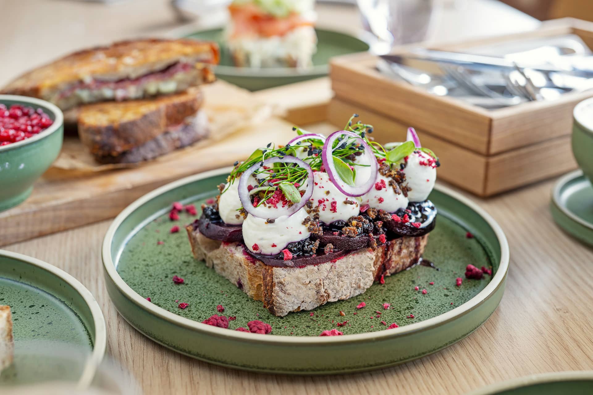 Homemade open sandwich with beetroot and creamy topping